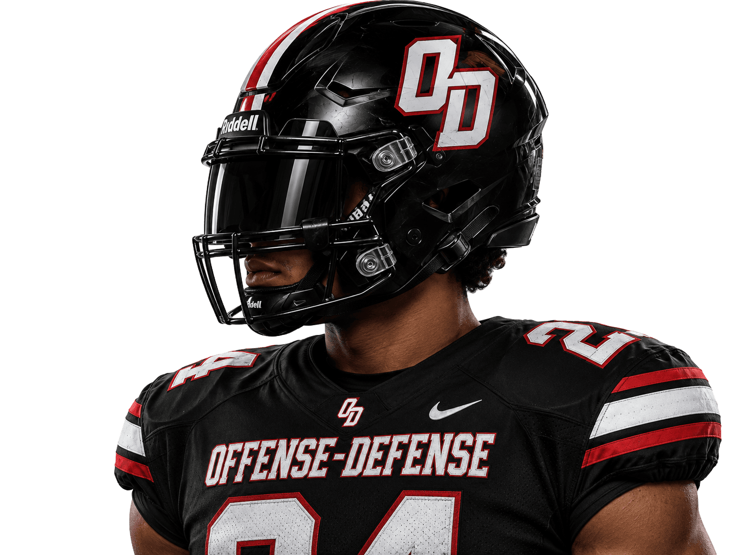 An Offense-Defense player in helmet and game jersey